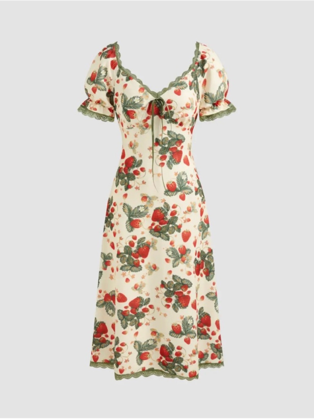 Cider Cream Strawberry-Print Midi Dress with Green Trim